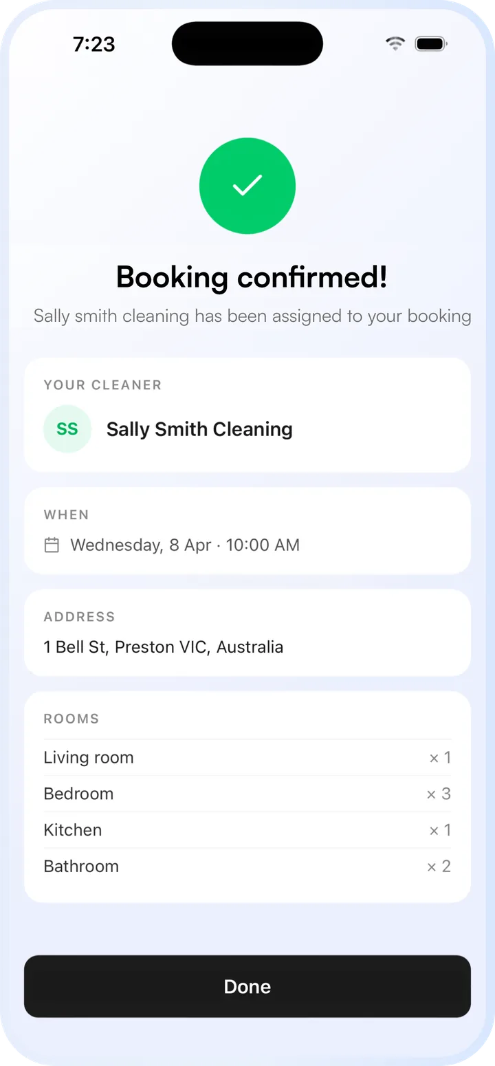 Fyxes app booking confirmed screen