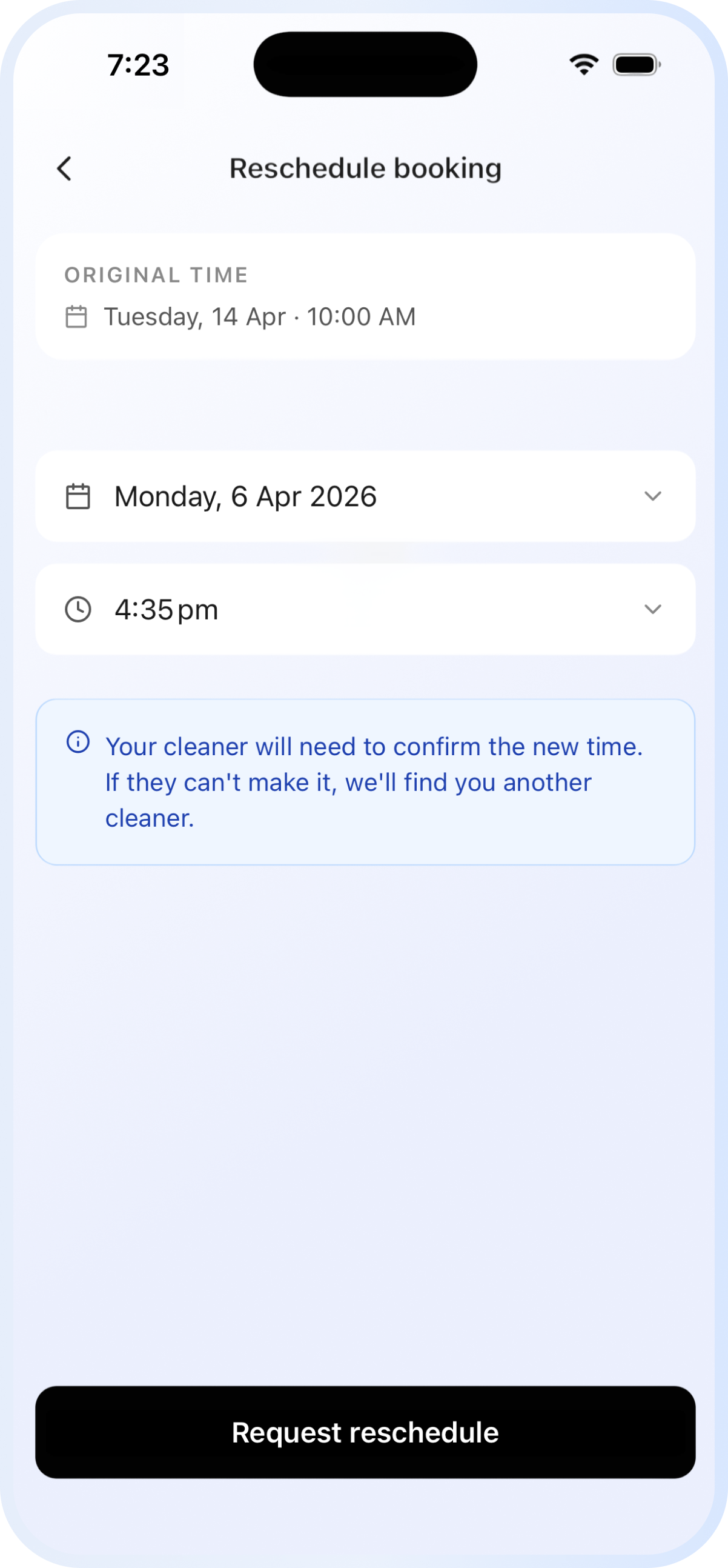 Fyxes app reschedule screen
