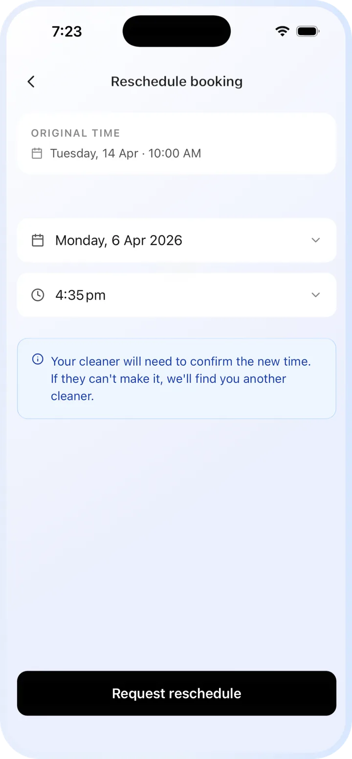 Fyxes app reschedule booking screen