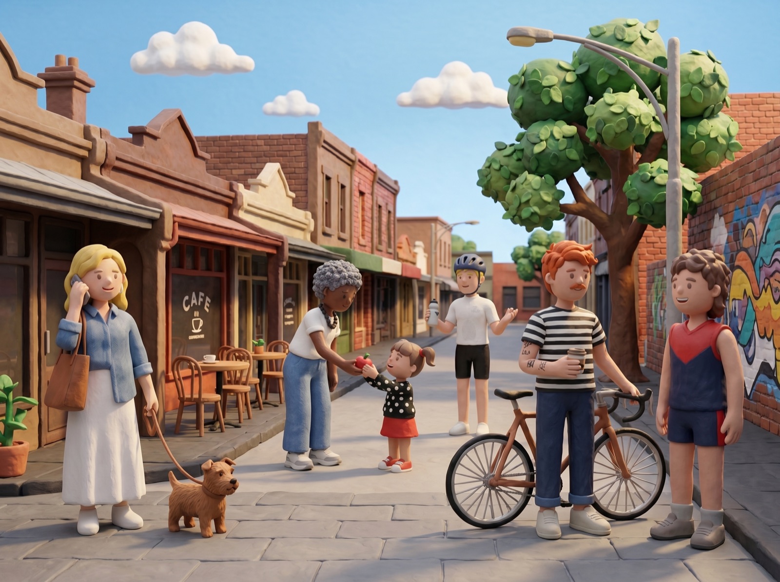 Claymation Melbourne street scene — locals outside a café with a dog, cyclists, and a kid in footy kit